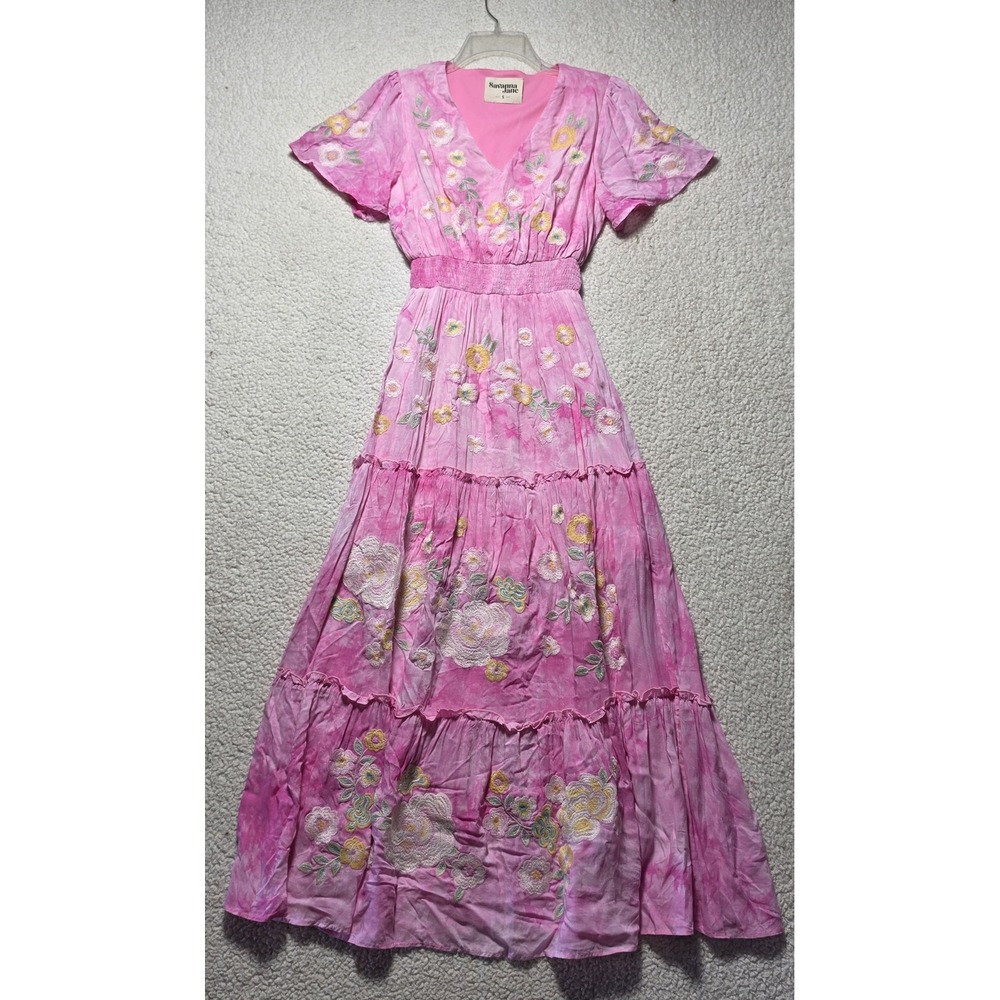 Savanna Jane Pink Tie Dye Floral Embroidered Maxi Dress Small Boho 94445